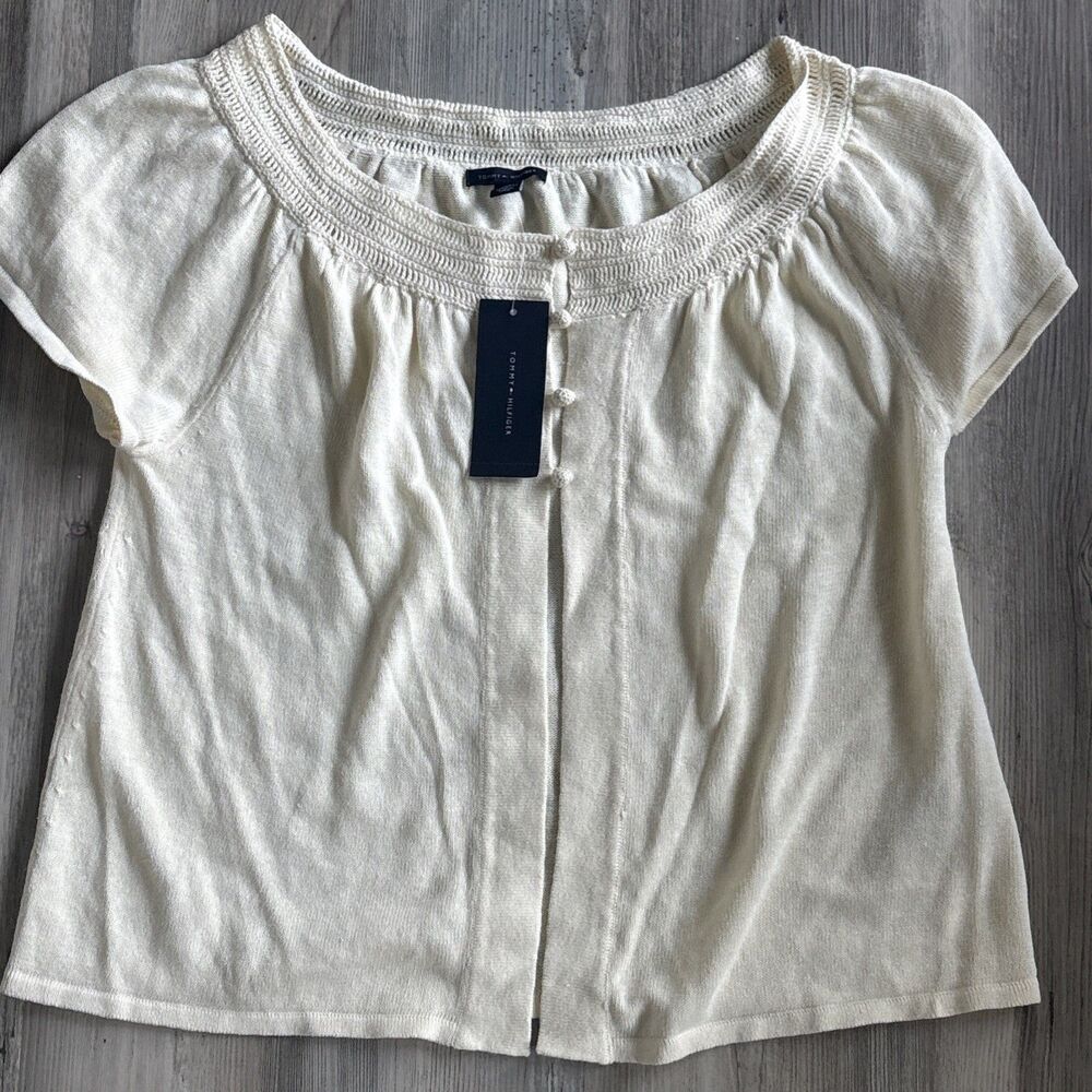 NWT Vintage Womens Tommy Hilfiger Linen Cotton Blend Short Sleeved Sweater L